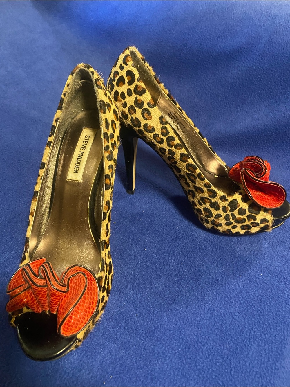 Steve Madden Leopard Print Peep-Toe Heels with Red Floral Accent